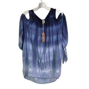 XCVI Top Womens Size XS Tie Die Blue Cold Shoulder 3/4 Tie Sleeve NWT‎